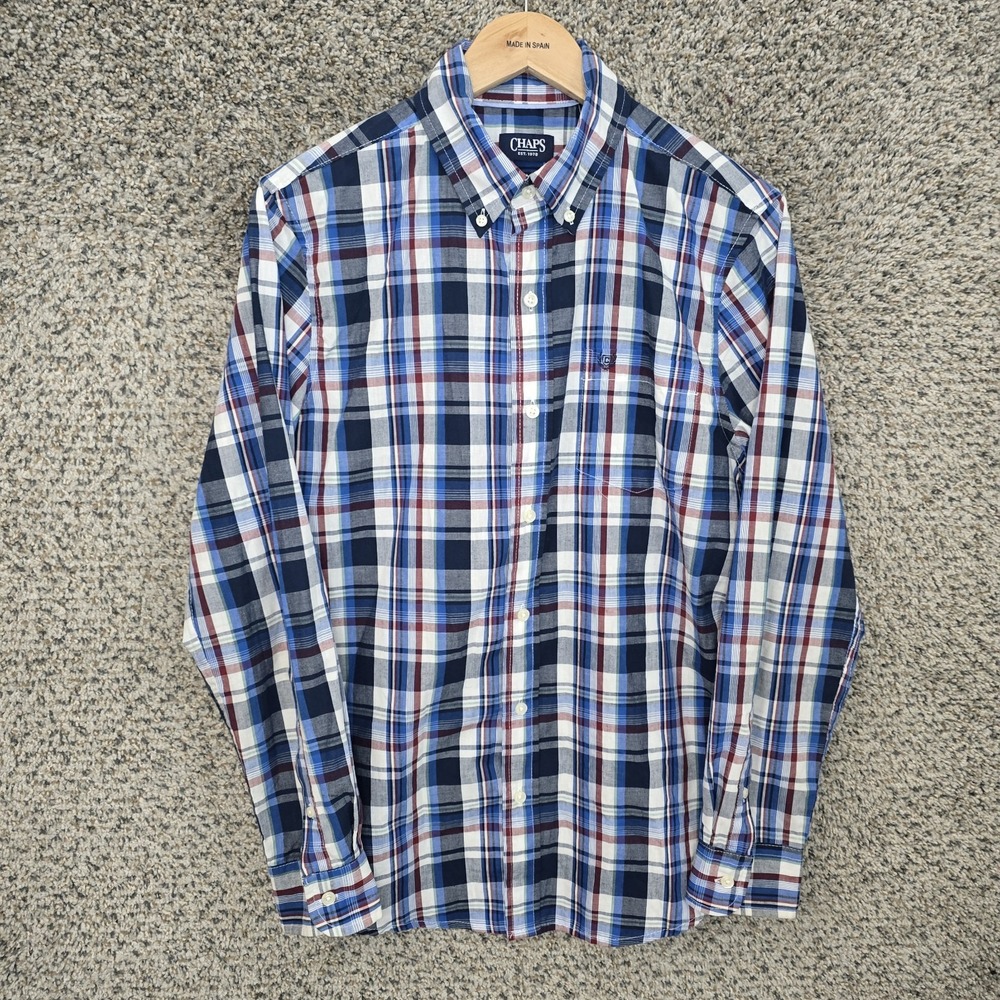 Chaps Shirt Mens Medium Blue Plaid Button Down Slim Fit Long Sleeve Cotton Blend